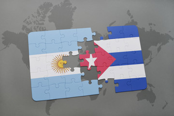 puzzle with the national flag of argentina and cuba on a world map background.