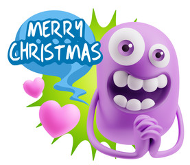 3d Rendering. Love Emoticon Face saying Merry Christmas with Col