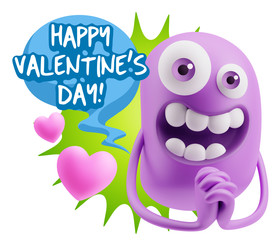 3d Rendering. Love Emoticon Face saying Happy Valentine's Day wi