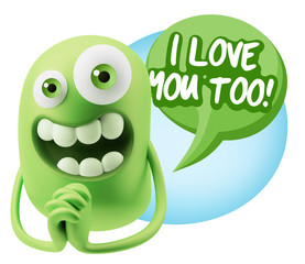 3d Rendering. Love Emoticon Face saying I Love You Too with Colo