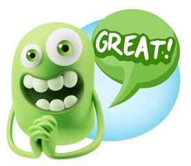 3d Rendering. Love Emoticon Face saying Great with Colorful Spee