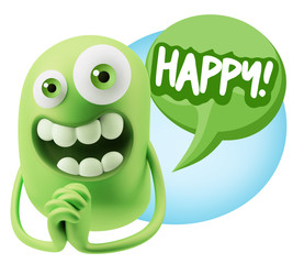 3d Rendering. Love Emoticon Face saying Happy with Colorful Spee