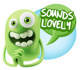 3d Rendering. Love Emoticon Face saying Sounds Lovely with Color