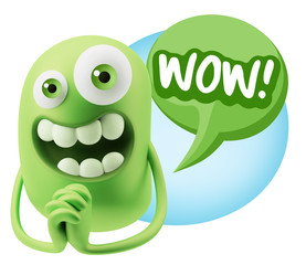 3d Rendering. Love Emoticon Face saying Wow with Colorful Speech