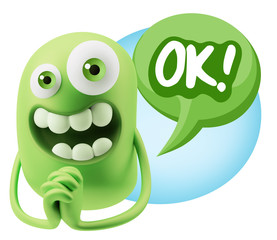 3d Rendering. Love Emoticon Face saying Ok with Colorful Speech