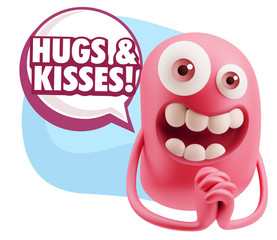 3d Rendering. Love Emoticon Face saying Hugs And Kisses with Col