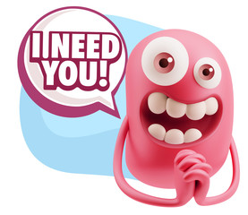 3d Rendering. Love Emoticon Face saying I Need You with Colorful