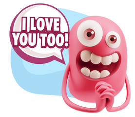 3d Rendering. Love Emoticon Face saying I Love You Too with Colo