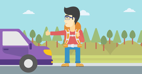 Young man hitchhiking vector illustration.