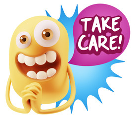 3d Rendering. Love Emoticon Face saying Take Care with Colorful