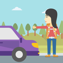 Young woman hitchhiking vector illustration.