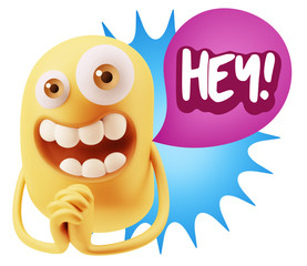 3d Rendering. Love Emoticon Face saying Hey with Colorful Speech