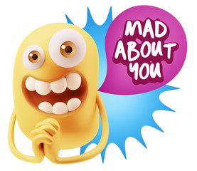 3d Rendering. Love Emoticon Face saying Mad About You with Color