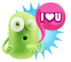 3d Rendering. Love Emoticon Face Blowing a Kiss saying I Love U