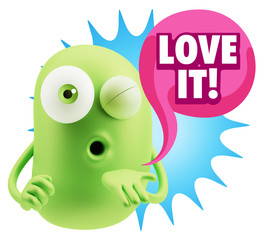 3d Rendering. Love Emoticon Face Blowing a Kiss saying Love It w