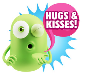 3d Rendering. Love Emoticon Face Blowing a Kiss saying Hugs And