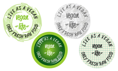 Set of four circular icons with the words vegan life