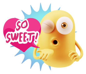 3d Rendering. Love Emoticon Face Blowing a Kiss saying So Sweet