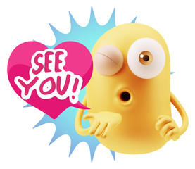 3d Rendering. Love Emoticon Face Blowing a Kiss saying See You w