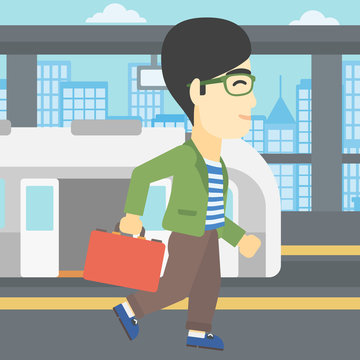 Man at the train station vector illustration.