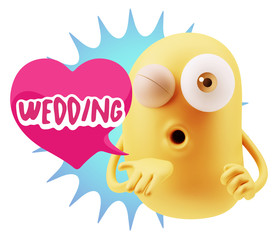 3d Rendering. Love Emoticon Face Blowing a Kiss saying Wedding w