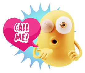 3d Rendering. Love Emoticon Face Blowing a Kiss saying Call Me w