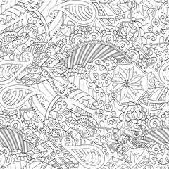 Tracery seamless calming pattern. Mehendi design. Ethnic monochrome binary doodle texture. Black and white. Indifferent discreet. Curved doodling mehndi motif. Vector.