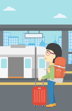 Woman at the train station vector illustration.