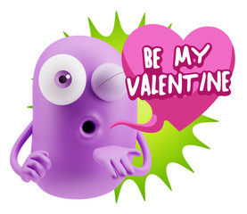 3d Rendering. Love Emoticon Face Blowing a Kiss saying Be My Val