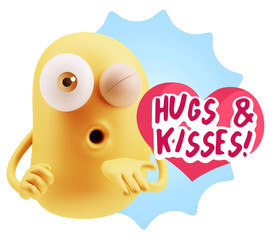 3d Rendering. Love Emoticon Face Blowing a Kiss saying Hugs And