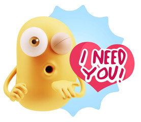 3d Rendering. Love Emoticon Face Blowing a Kiss saying I Need Yo