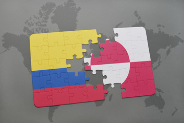 puzzle with the national flag of colombia and greenland on a world map background.