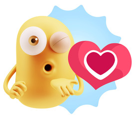 3d Rendering. Love Emoticon Face Blowing a Kiss saying Love with