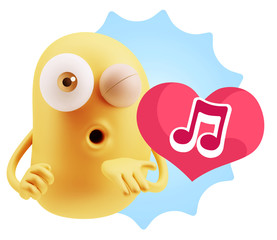 3d Rendering. Love Emoticon Face Blowing a Kiss saying Music Sym