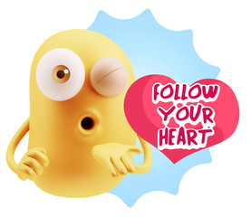 3d Rendering. Love Emoticon Face Blowing a Kiss saying Follow Yo
