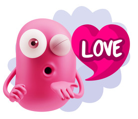 3d Rendering. Love Emoticon Face Blowing a Kiss saying Love with