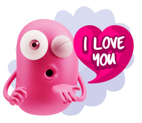 3d Rendering. Love Emoticon Face Blowing a Kiss saying I Love Yo