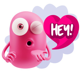 3d Rendering. Love Emoticon Face Blowing a Kiss saying Hey with