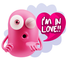 3d Rendering. Love Emoticon Face Blowing a Kiss saying I'm in Lo