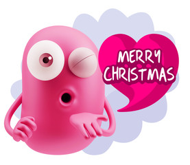 3d Rendering. Love Emoticon Face Blowing a Kiss saying Merry Chr