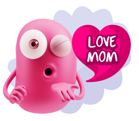3d Rendering. Love Emoticon Face Blowing a Kiss saying Love Mom