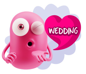 3d Rendering. Love Emoticon Face Blowing a Kiss saying Wedding w