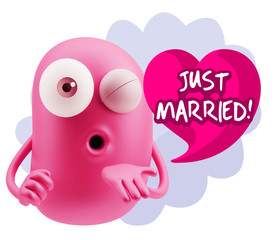 3d Rendering. Love Emoticon Face Blowing a Kiss saying Just Marr