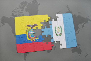puzzle with the national flag of ecuador and guatemala on a world map background.