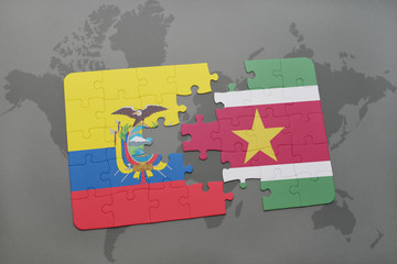 puzzle with the national flag of ecuador and suriname on a world map background.