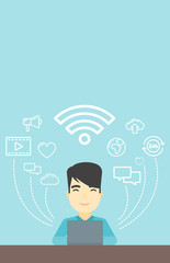 Man working on laptop vector illustration.