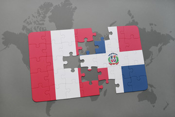 puzzle with the national flag of peru and dominican republic on a world map background.