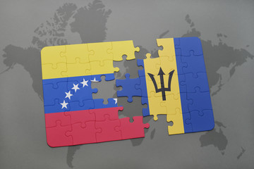 puzzle with the national flag of venezuela and barbados on a world map background.