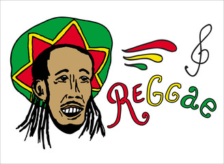 Portrait of rastaman in rasta hat. Jamaica theme. Reggae concept design. Hand drawn art. Banner, card, t-shirt, bag, print, poster. Colorful hand drawn vector illustration
