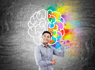 Asian businessman and brain sketch on chalkboard
